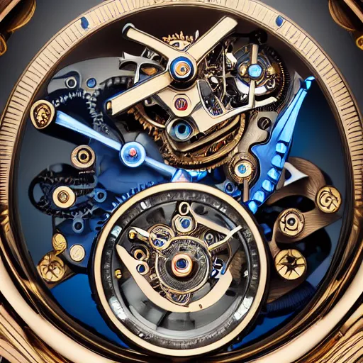 Image similar to the mechanism of a steampunk Jaquet Droz Skelet-One Tourbillon, highly detailed illustration highlights, gold and silver highlights, neon blue highlights, macro photography, F/2.8, trending on artstation, octane render