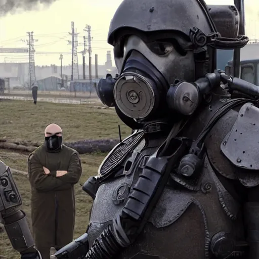 Prompt: vfx movie closeup real life boris johnson holding wearing futuristic armor, half life logo on chest, crowbar in russian train yard swat team in gas masks approaching by emmanuel lubezki