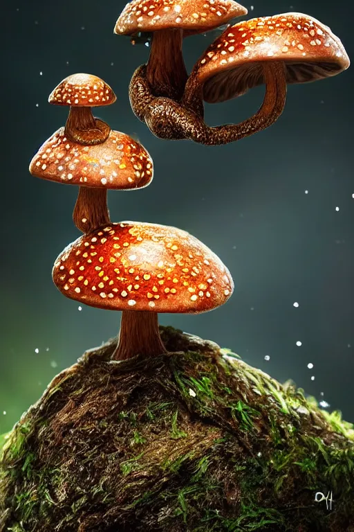 Prompt: a tiny cute mushroom dragon, dewdrops, macro, dramatic lighting, cinematic, establishing shot, extremely high detail, foto realistic, cinematic lighting, post processed, concept art, high details, cinematic, 8k resolution, beautiful detailed, photorealistic, digital painting, artstation, concept art, smooth, sharp focus, artstation trending, octane render, unreal engine