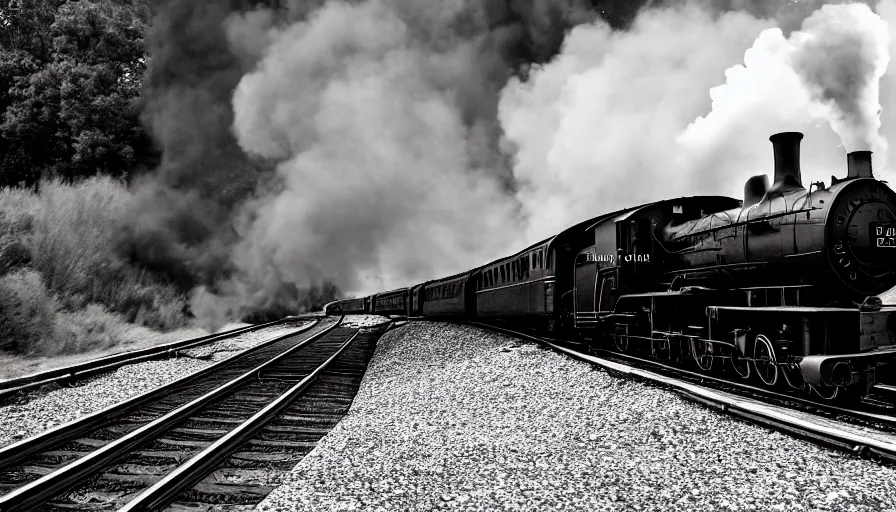 Prompt: restored black steam locomotive travelling on train tracks, photograph, short exposure, motion blur