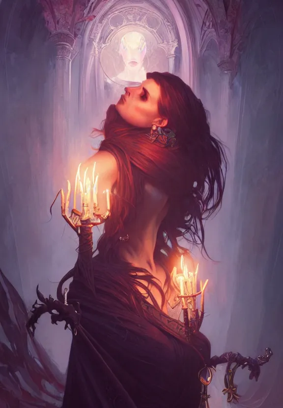 Image similar to Necromancer Sorceress in center, fantasy magic, undercut hairstyle, dark light night, intricate, elegant, sharp focus, illustration, highly detailed, digital painting, concept art, matte, art by WLOP and Artgerm and Greg Rutkowski and Alphonse Mucha, masterpiece