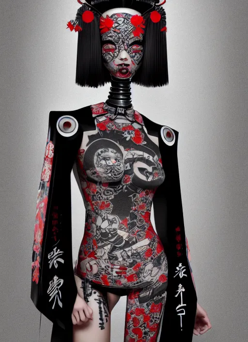 Prompt: full body portrait of a gothic style japanese robot geisha with kanji tattoos and decals wearing a digital pixelated kimono, intricate design, photo - realistic, octane render, dark colour palette, ultra fine detailed, character design, trending on artstation