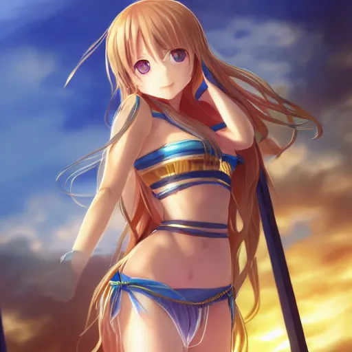 Prompt: a very beautiful young yuuki asuna, full body, long wavy blond hair, sky blue eyes, full round face,, shiny golden bikini, miniskirt, front shot, locked in a bright prison cell, highly detailed, cinematic wallpaper by stanley artgerm lau