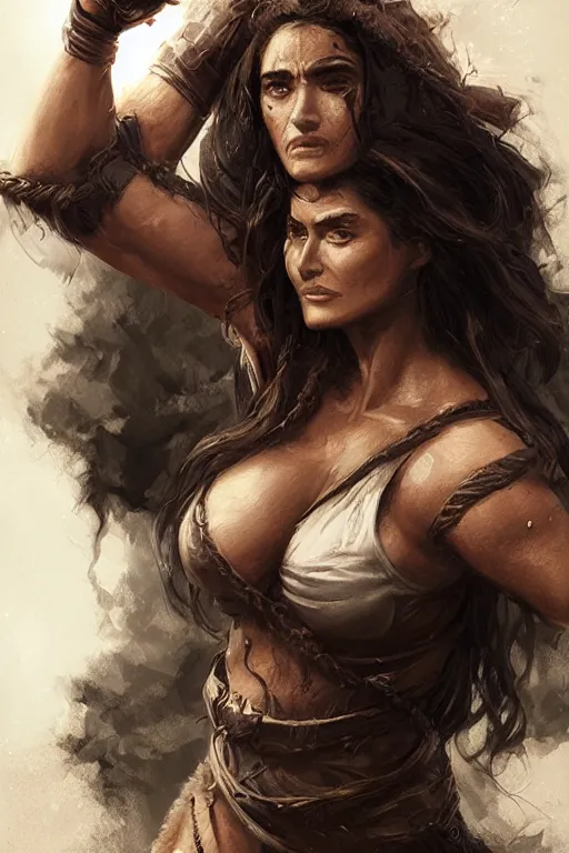 Image similar to portrait, Salma Hayek , barbarian , face portrait, raphael lacoste, eddie mendoza, alex ross, concept art, matte painting, highly detailed, rule of thirds, dynamic lighting, cinematic, detailed, denoised, centerd