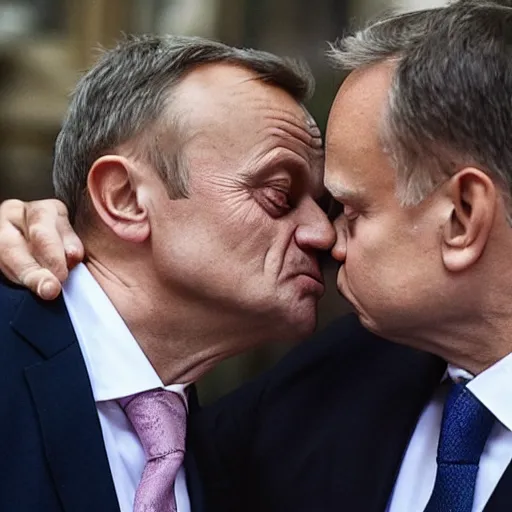 Prompt: a wedding photo of Donald Tusk and Jaroslaw Kaczynski kissing each other, high quality