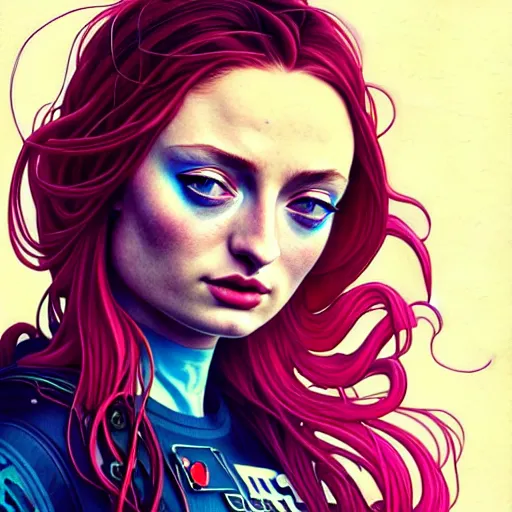 Prompt: high quality high detail portrait of a sophie turner as diesel punk character in an futuristic world, tristan eaton, victo ngai, artgerm, rhads, ross draws, hyperrealism, intricate detailed, alphonse mucha, pastel colors, vintage, artstation,