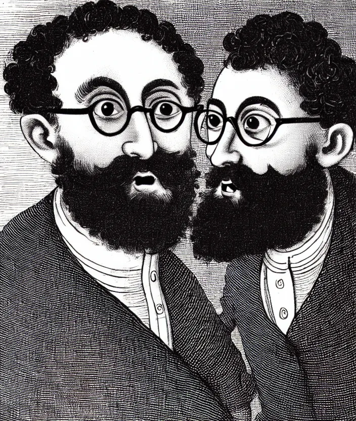 Prompt: jewish man with glasses, dark short curly hair smiling, illustration in the style of e. h. shephard