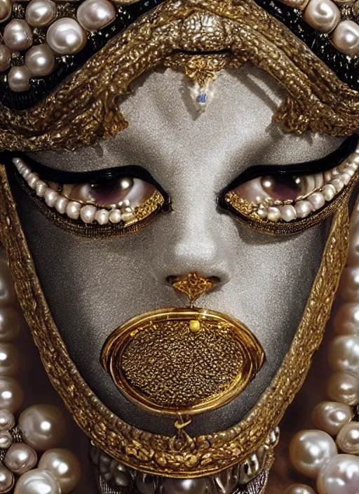 Image similar to hyperrealism, detailed textures, award winning autochrome photo, japanese pearl, beautiful animal pearl queen, kissing a egyptian animal pearl god, pearl silverplate, intricate, detailed facial pearl scary animal mask, pearl, golden jewelery, silverplate, ultra realistic, cinematic, intricate, cinematic light by steve mccurry, unreal engine 8 k