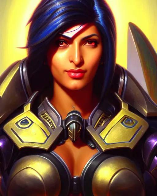 Image similar to pharah from overwatch, fantasy, fantasy art, fantasy, colorful, elegant, character portrait, portrait, close up, highly detailed, intricate detail, amazing detail, sharp focus, vintage fantasy art, vintage sci - fi art, radiant light, caustics, by boris vallejo