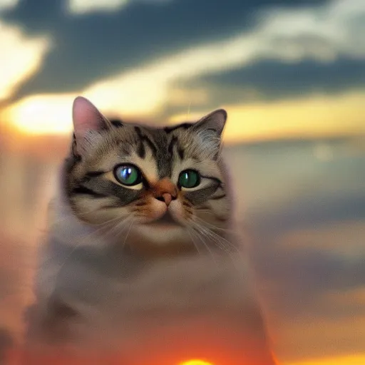 Prompt: beautiful picture of a cat starting at a futuristic sunset, photorealistic, award winning details