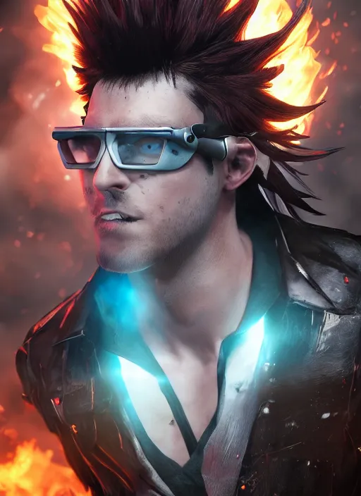 Image similar to An epic fantasy comic book style portrait painting of young man with long red spiked hair. Wearing a black waistcoat, white shirt, using googles. Rockstar. Blasting fire on his hands. Unreal 5, DAZ, hyperrealistic, octane render, cosplay, RPG portrait, dynamic lighting