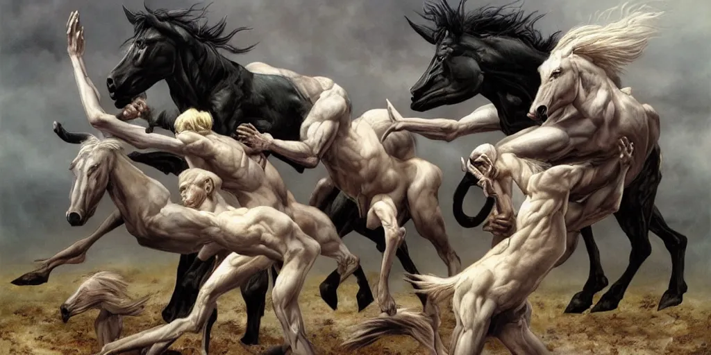 Image similar to albino centaurs fighting with black centaurs by gerald brom, hyper realistic,