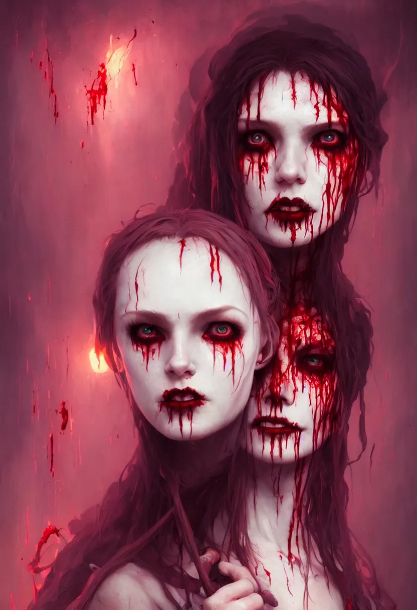 Image similar to beautiful very extreme closeup portrait, one face, bloody face, vampire girl, much blood, medieval dress. witch, makeup. unreal engine, greg rutkowski, loish, rhads, beeple, tom bagshaw, alphonse mucha, global illumination, detailed and intricate environment