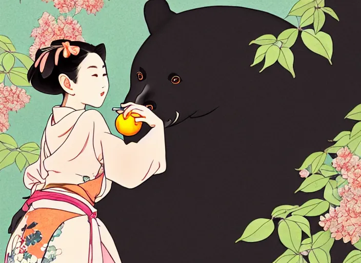 Image similar to ink painting of a girl wearing a kimono giving a peach to a large anthropomorphic asian black bear, featured in artstation, artgerm, octane render, award winning, cinematic, elegant, intricate, 8 k, close up, in the style of studio ghibli and heikala and alphonse mucha,