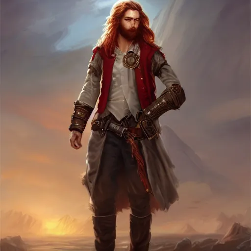 Image similar to rugged young ship captain standing before his airship, male, handsome, masculine, red hair, long hair, soft hair, fantasy, intricate, elegant, highly detailed, steampunk, digital painting, artstation, concept art, character art, smooth, sharp focus, illustration, art by artgerm