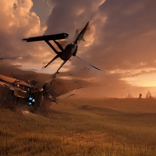 Prompt: war torn battlefield outside of a forest, crashed plane, dragon flies overhead, golden hour, ray tracing reflection, 8k, hyper realistic, insainly detailed, hdr, octan render,