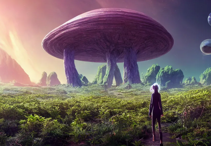 Prompt: a woman walking on a alien planet with alien plants and a giant galaxy appearing in the sky, digital art, anime style, 8K HDR, octane render, unreal engine 5, path tracing, breathtaking landscape, cinematic lighting, trending on Artstation, high quality, highly detailed, trending on DeviantArt, concept art