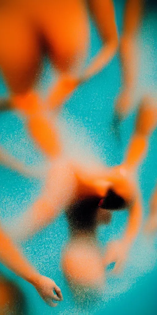 Image similar to a blurry closeup picture of abstract gorgeous human bodies in ocean, body parts, torso, macro photography, long exposure photograph, surrealism, anamorphic bokeh, orange and cyan lighting, cinematic