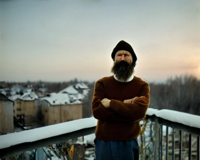 Prompt: award - winning lomographic tarkovsky film still of 4 0 years russian man with beard and sweater standing on small hrushevka 9 th floor balcony in taiga looking at sunset, cinestill, bokeh