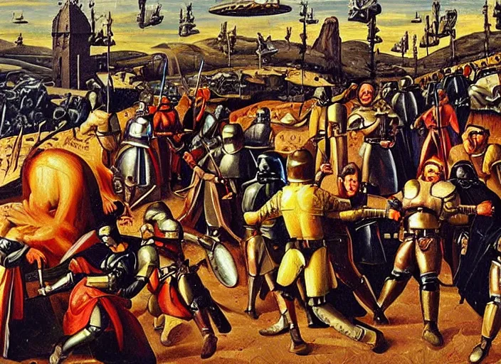 Image similar to medieval oil painting depicting star wars events, realistic, sharp, detailed