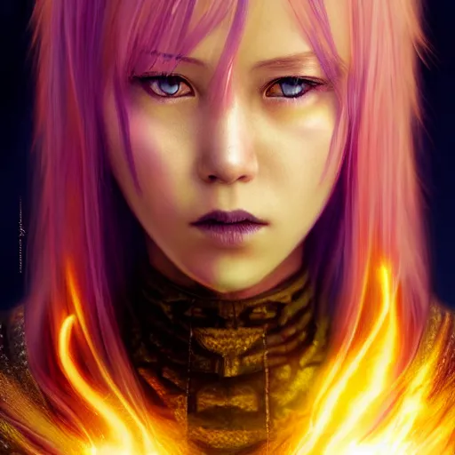 Image similar to rimuru tempest from tensura holding purple fire in her palm, with amber eyes of golden colored eyes, straight hair, sky blue hair, long bangs, concept art, award winning photography, key visual, digital painting, cinematic, wlop, 8 k, by ross tran, andy warhol, tom bagshaw