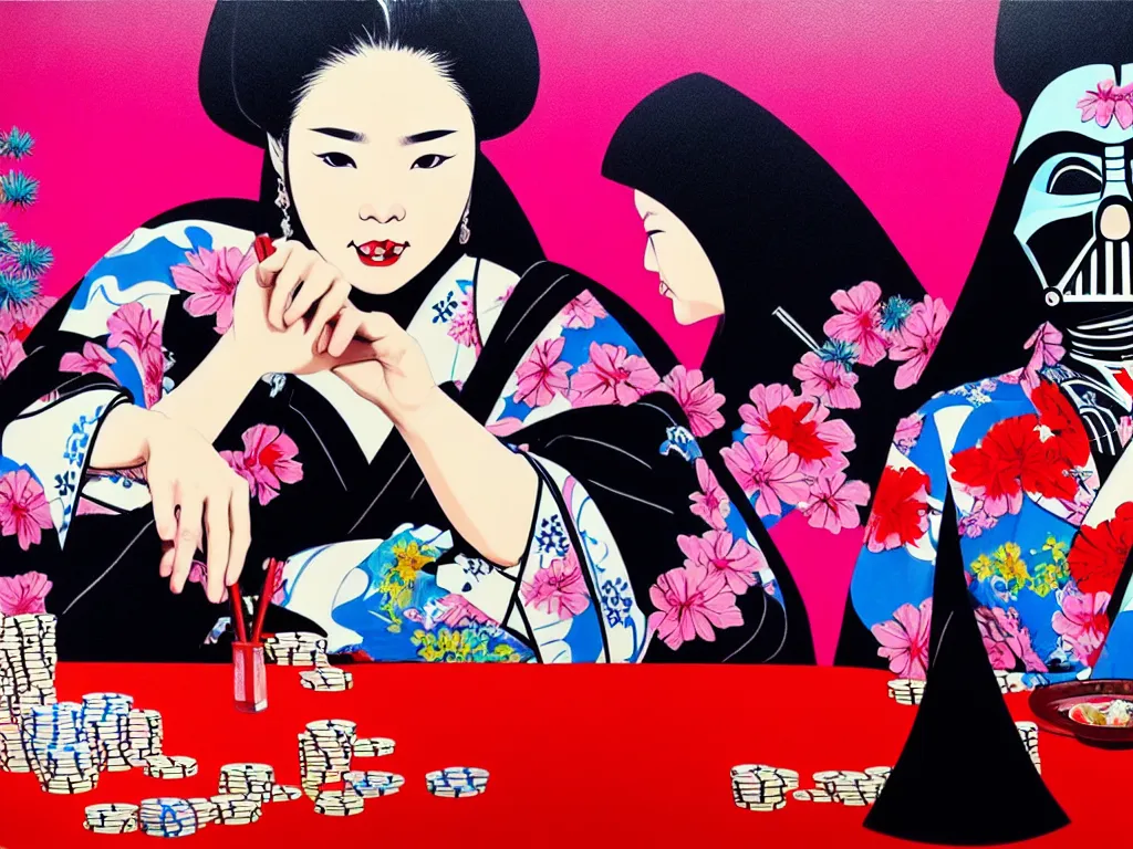 Image similar to hyperrealistic composition of the detailed woman in a japanese kimono sitting at a poker table with detailed darth vader, fireworks, beautiful mountain in the background, pop - art style, jacky tsai style, andy warhol style, acrylic on canvas