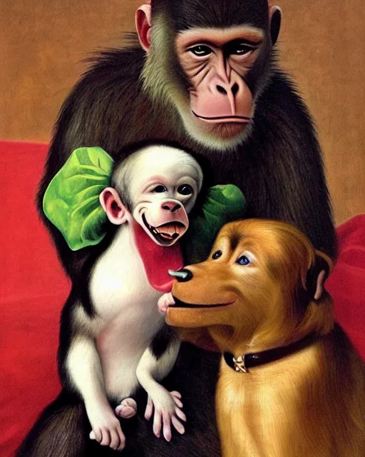 Image similar to goofy monkey and his goofy dog, cross eyed, high detail realistic renaissance portrait painting