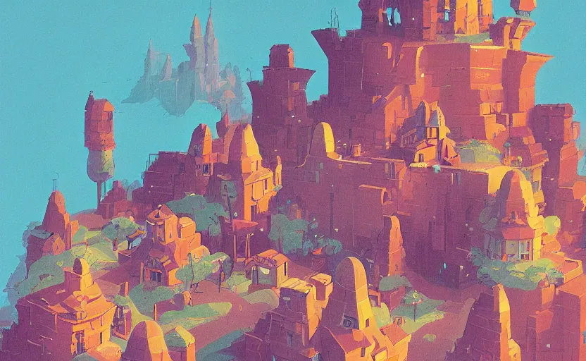 Image similar to old tiny magic castle on a hill, james gilleard, moebius, print, game art