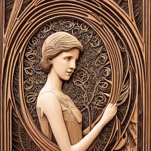 Prompt: a 3 d bas - relief wooden art nouveau carved sculpture of a young millie bobby brown or alicia vikander with long hair blowing in the wind, in front of a delicate tracery pattern, intricate and highly detailed, well - lit, ornate, realistic