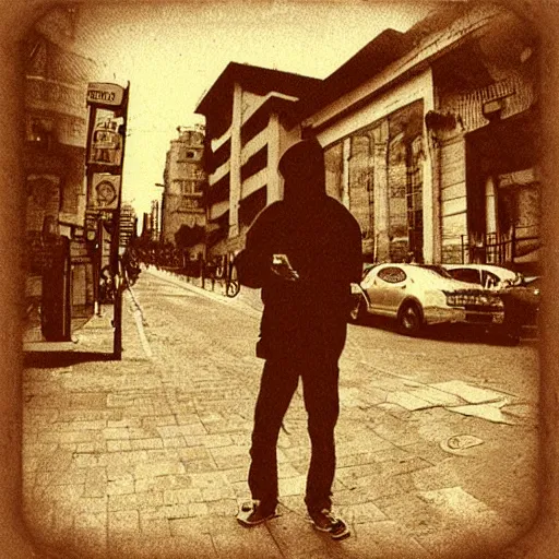 Image similar to polaroid picture, sepia, homeless manu chao in the streets of bogota, ethereal, trending on artstation