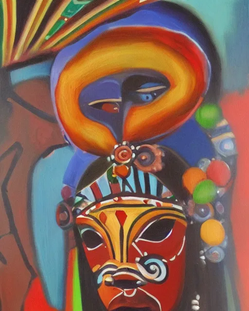 Image similar to Burkina Faso masquerade, painting by Toni Toscani, oil on canvas