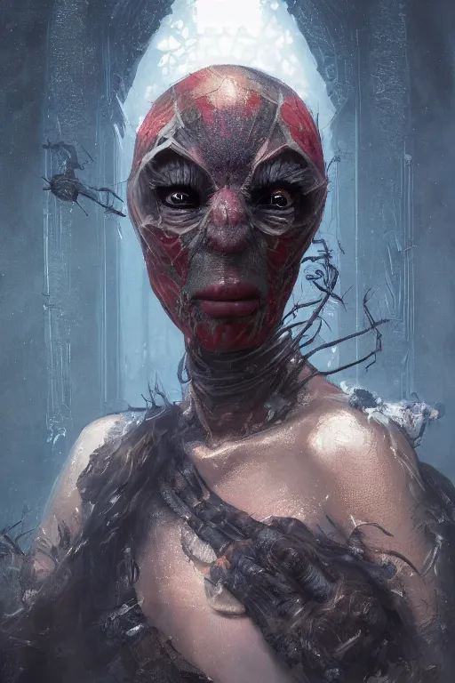 Image similar to A fancy portrait of a half women half spider creature by Greg Rutkowski, beeple, Sung Choi, Mitchell Mohrhauser, Maciej Kuciara, Johnson Ting, Maxim Verehin, Peter Konig, Bloodborne, 8k photorealistic, cinematic lighting, HD, high details, dramatic, dark atmosphere, trending on artstation