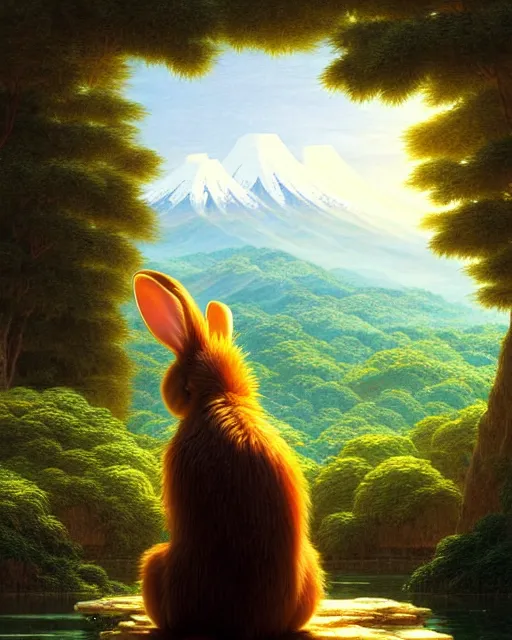 Prompt: a rabbit bear, sitting in tokyo, unique, sunny day, highly detailed, masterpiece, award winning, realistic, art by thomas cole and studio ghibli