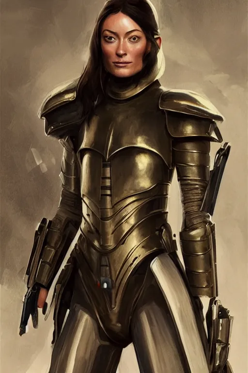 Image similar to a professional painting of a young Olivia Wilde, clothed in military armor, olive skin, long dark hair, beautiful bone structure, symmetrical facial features, intricate, elegant, digital painting, concept art, smooth, sharp focus, illustration, from Star Wars by Ruan Jia and Mandy Jurgens and Artgerm and William-Adolphe Bouguerea