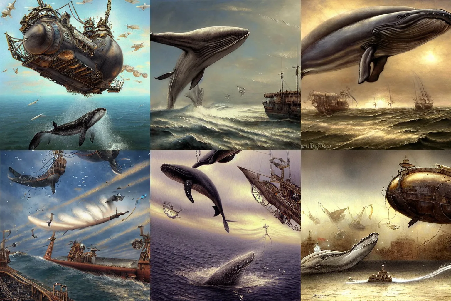 Prompt: whales jumping over steampunk airships, by Didier Graffet, by Min Guen, by Giovani Magana