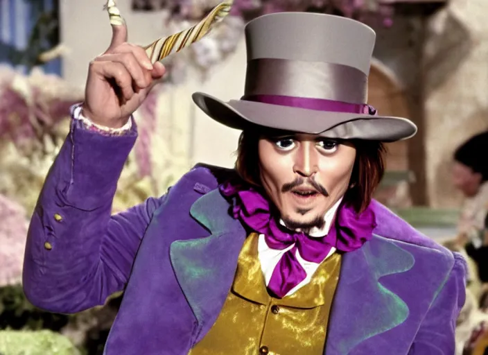 Image similar to film still of Johnny Depp as Willy Wonka in Willy Wonka and the Chocolate Factory 1971