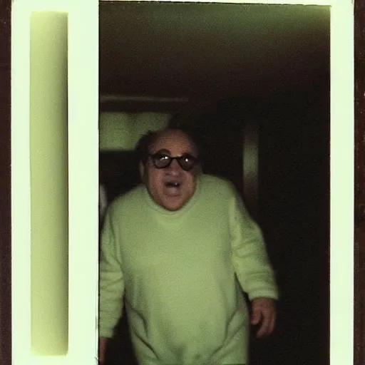 Image similar to A creepy polaroid photo of Danny Devito chasing you down a hallway