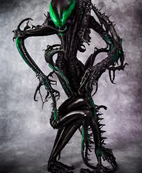 Image similar to xenomorph queen goth model hybrid, dragon eggs, dark emerald mist colors, giger background liminal void, cinematic lighting, realistic, award winning photograph, various refining methods, micro macro autofocus