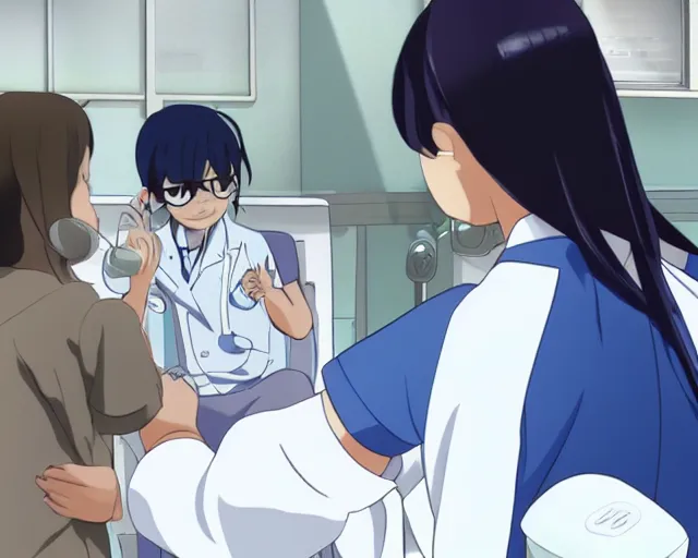Prompt: a cute young female doctor wearing white coat are talking to a little baby in blue shirt in a hospital, slice of life anime, lighting, anime scenery by Makoto shinkai
