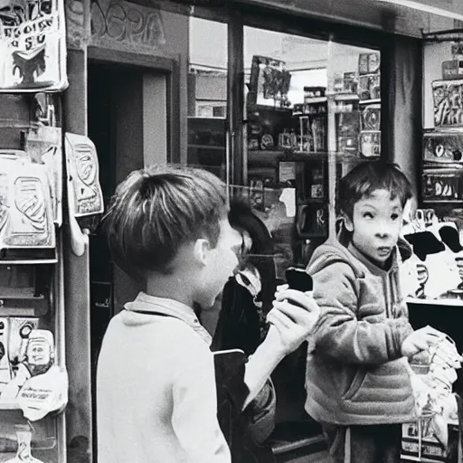 Prompt: scary people caught on camera phone of a kid in 1 9 9 0 s on a shop