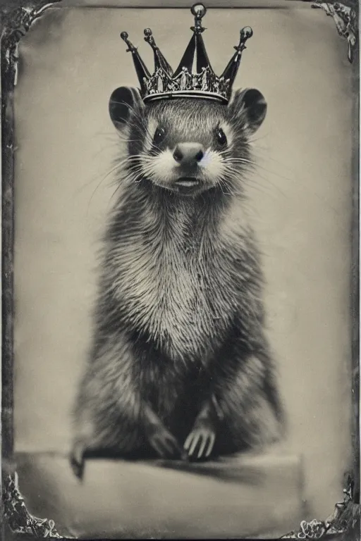 Image similar to a magnificent wet plate photo of a ferret king, wearing a crown, wearing a robe