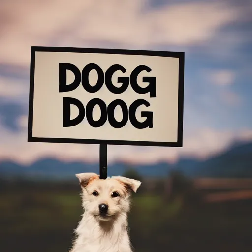 Image similar to professional photo of a dog holding a sign that says dog written on the sign