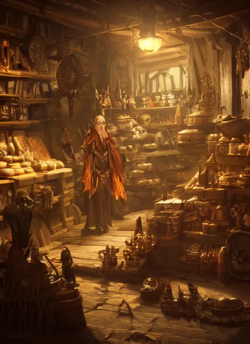 Image similar to merchant in his store selling things, ultra detailed fantasy, elden ring, realistic, dnd, rpg, lotr game design fanart by concept art, behance hd, artstation, deviantart, global illumination radiating a glowing aura global illumination ray tracing hdr render in unreal engine 5