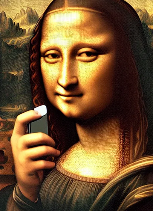 Prompt: oil painting of Mona Lisa by Leonardo Da Vinci but Mona Lisa is using an iPhone to take a selfie, selfie pose
