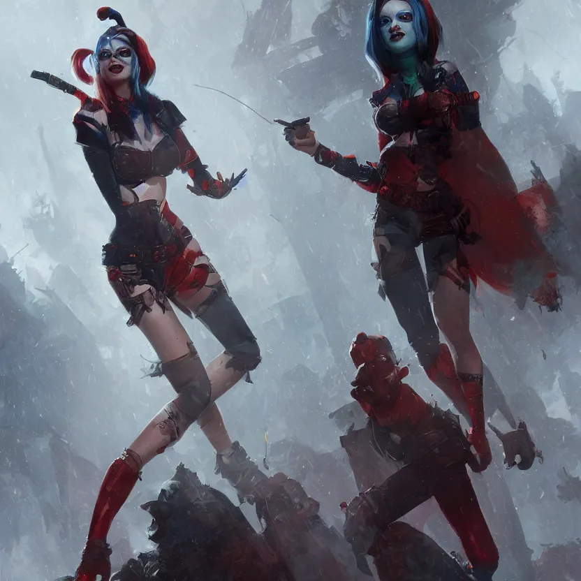 Image similar to a photorealistic rendering of # illustration a # megical # catalyst # harley quinn in plague of dragons, # mist # horror # magic # spell, # digital 2 d, # sci - fi, # fututistic, by greg rutkowski