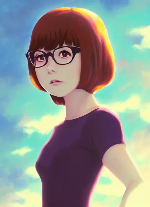 Image similar to Painting of Velma Dinkley, anime style, winged eyelashes, urban, calm, fantasy character portrait, dark outlines, dynamic pose, above view, sunny day, artwork by Makoto Shinkai, very coherent asymmetrical artwork, sharp edges, perfect face, simple form, 100mm