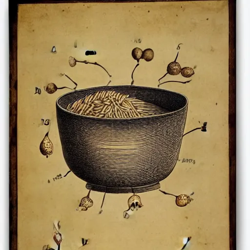 Image similar to anatomical diagram of oryza sativa, next to a bowl of rice, sepia, faded, ink, by maria sibylla merian