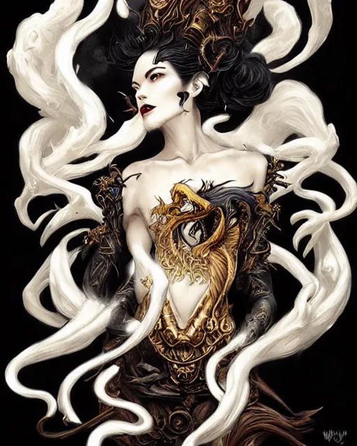 Prompt: rococo ink smoke dragon priestess, black gold ink dripping, stylized fantasy portrait by wlop, artgerm, peter mohrbacher, artstation