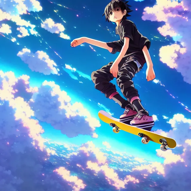 Dark blue hair anime boy skateboarding