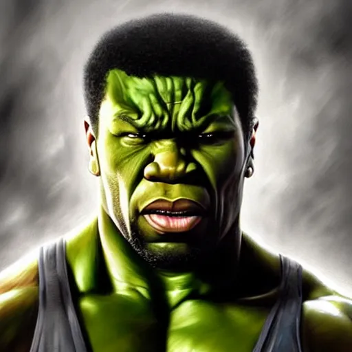 Image similar to 5 0 cent as the hulk, digital painting, extremely detailed, 4 k, intricate, brush strokes, mark arian, artgerm, bastien lecouffe - deharme